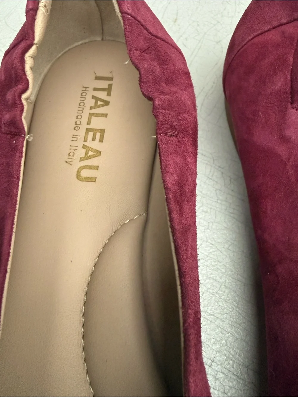 Italeau Mara Handmade Flat Dress Shoe Suede Burgundy Almond Toe US 12 EU 44